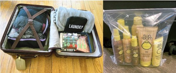 Suitcase with packing cubes and clear bags in use to organize. Sunscreen in a resealable plastic bag.