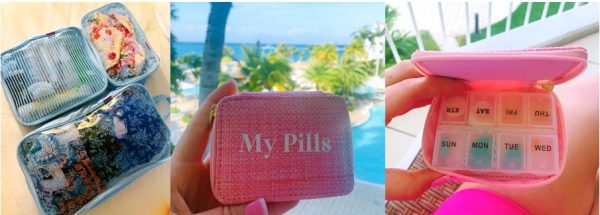 Images of blue packing cubes with clothes inside, and a pink "My Pills" case on display outside in paradise.