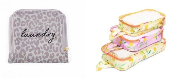 Miamica leopard-print laundry bag with zipper close. Set of 3 lemon packing cubes.