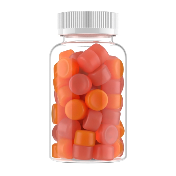 Gummies in a jar with white closure